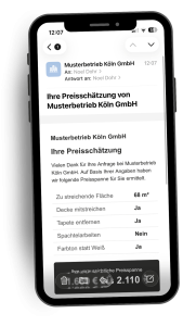 Smartphone-Ansicht einer E-Mail mit automatischer Preisschätzung von ProAngebot, inklusive Flächenangabe, Zusatzoptionen und errechneter Preisspanne.