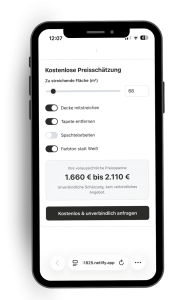 Smartphone-Ansicht des ProAngebot-Widgets mit Schiebereglern für Fläche und Zusatzleistungen sowie einer berechneten Preisspanne von 1.660 € bis 2.110 €.